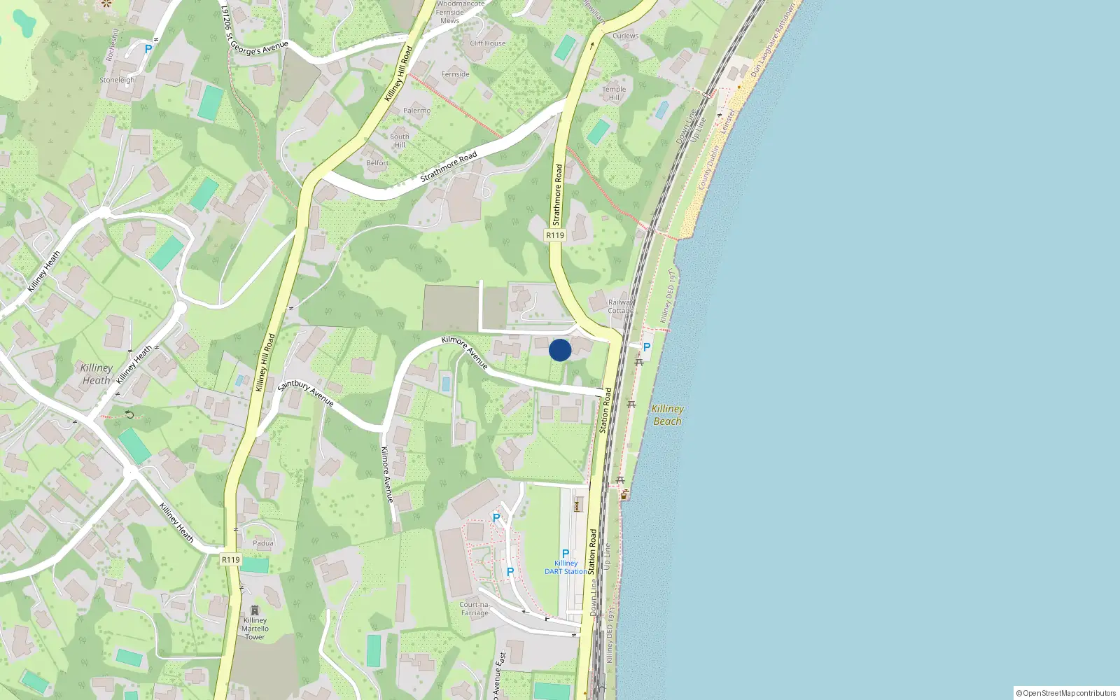 Overhead map showing the location of Saintbury Avenue, Killiney