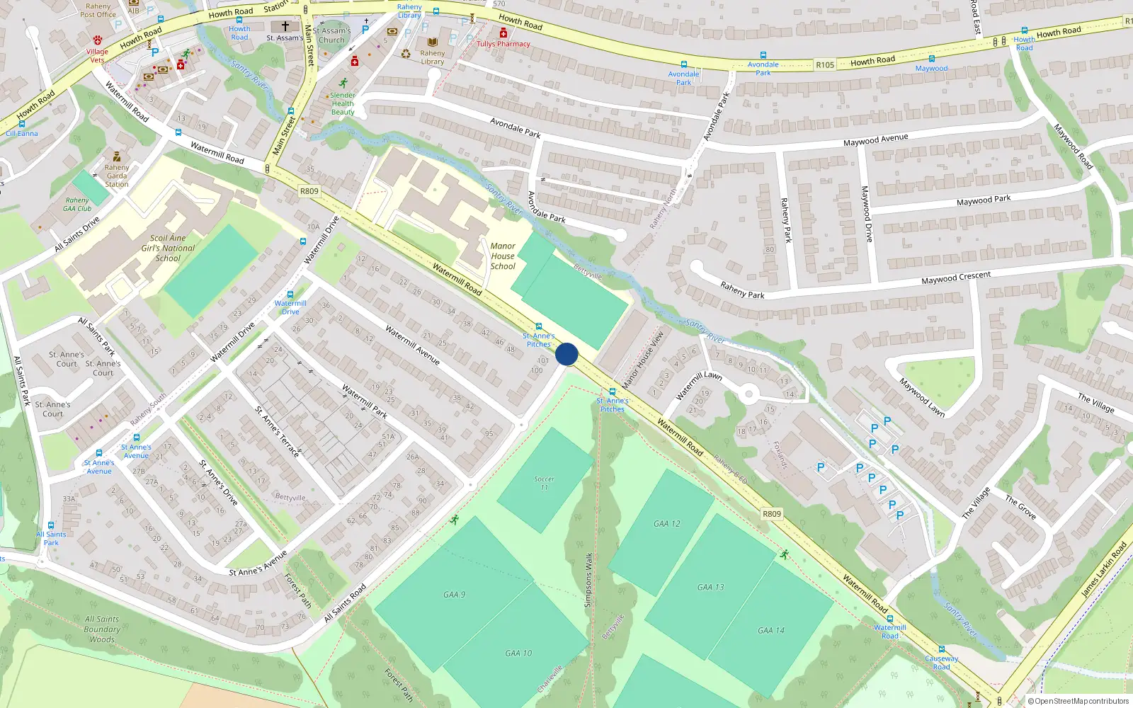Overhead map showing the location of Watermill Road, Dublin 5