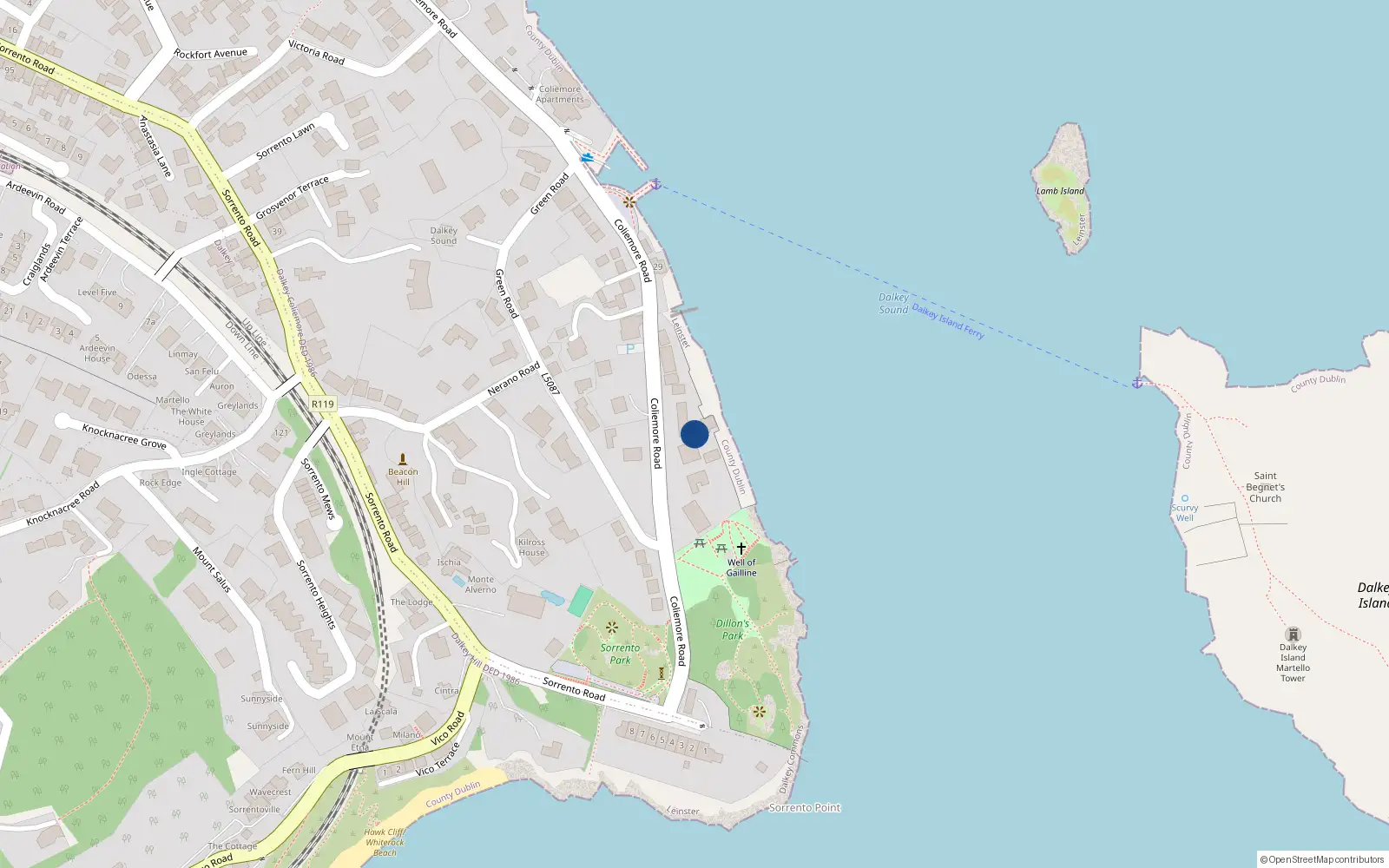 Overhead map showing the location of 34 Coliemore Road, Dalkey