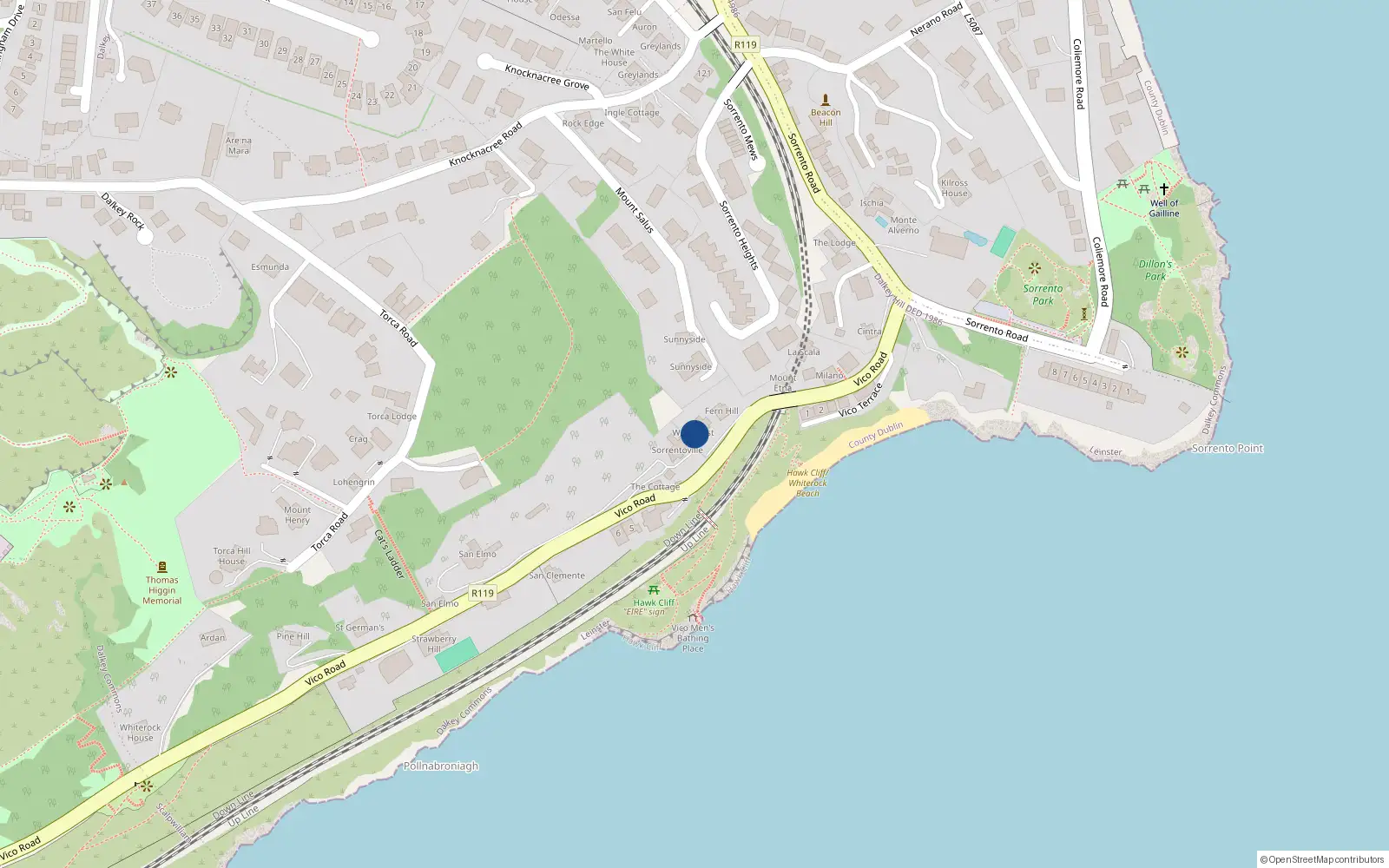 Overhead map showing the location of Wavecrest, 14 Vico Road, Dalkey