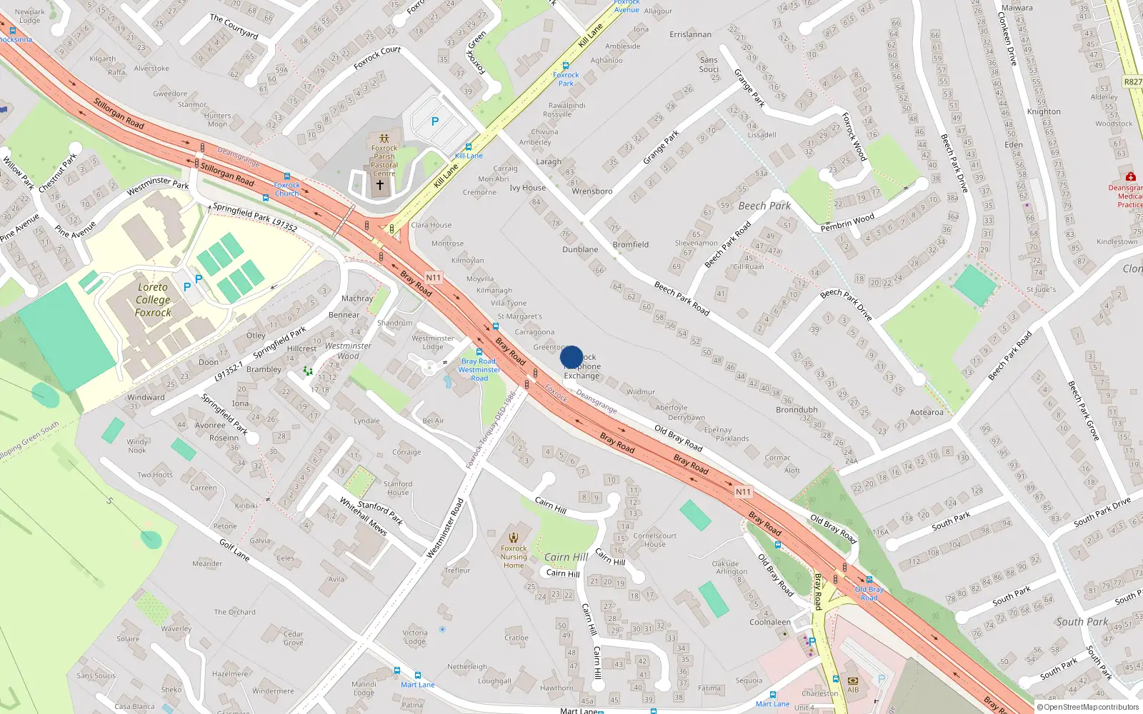 Overhead map showing the location of Bray Road, Dublin 18