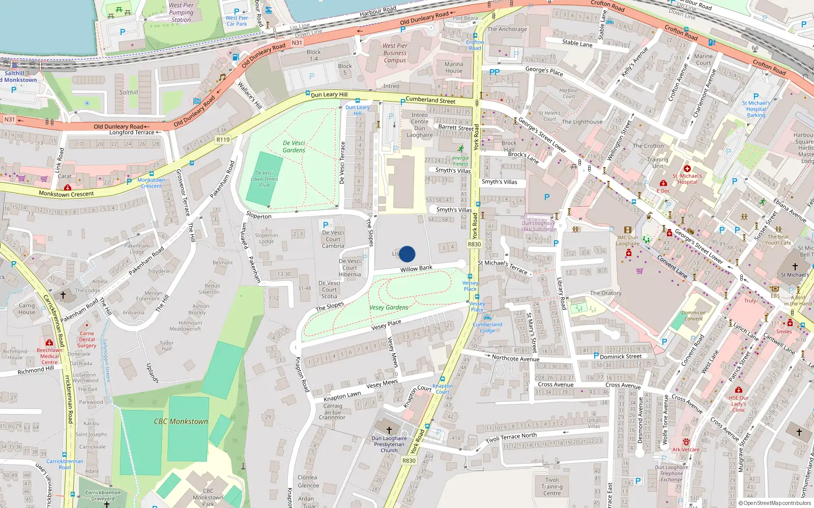 Overhead map showing the location of Willow Bank, Dun Laoghaire