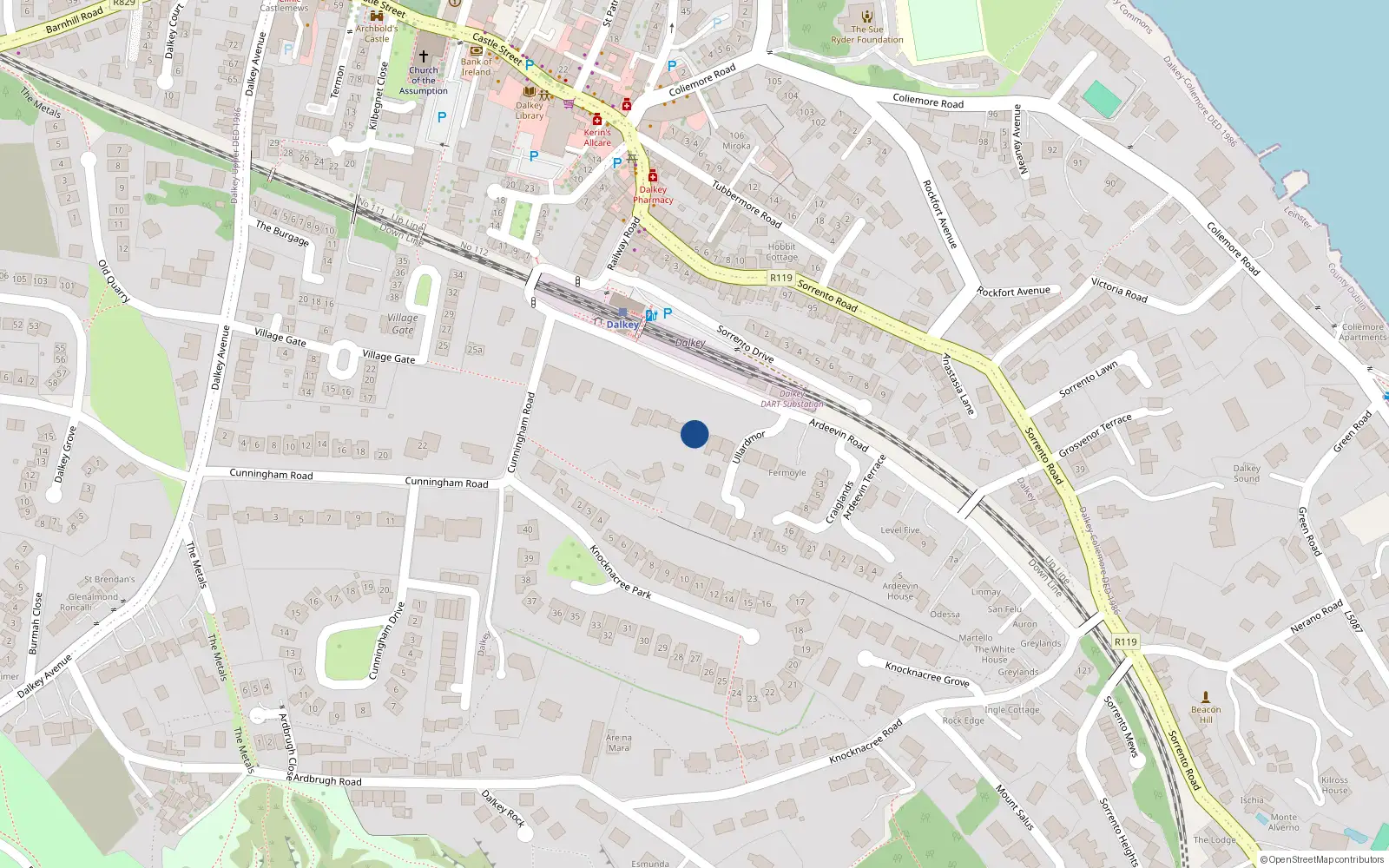 Overhead map showing the location of Ardeevin Road, Dalkey