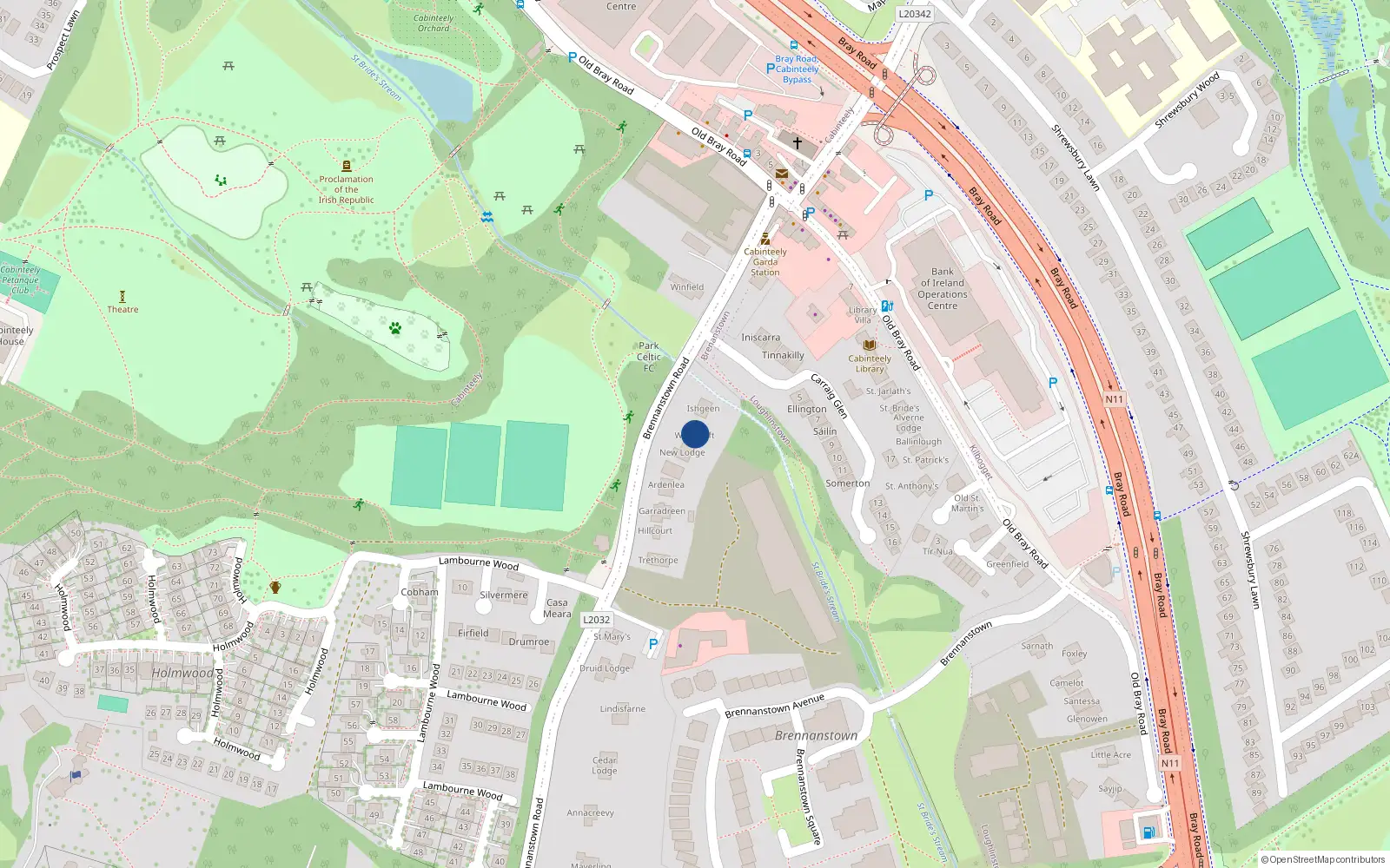 Overhead map showing the location of Brennanstown Road, Cabinteely