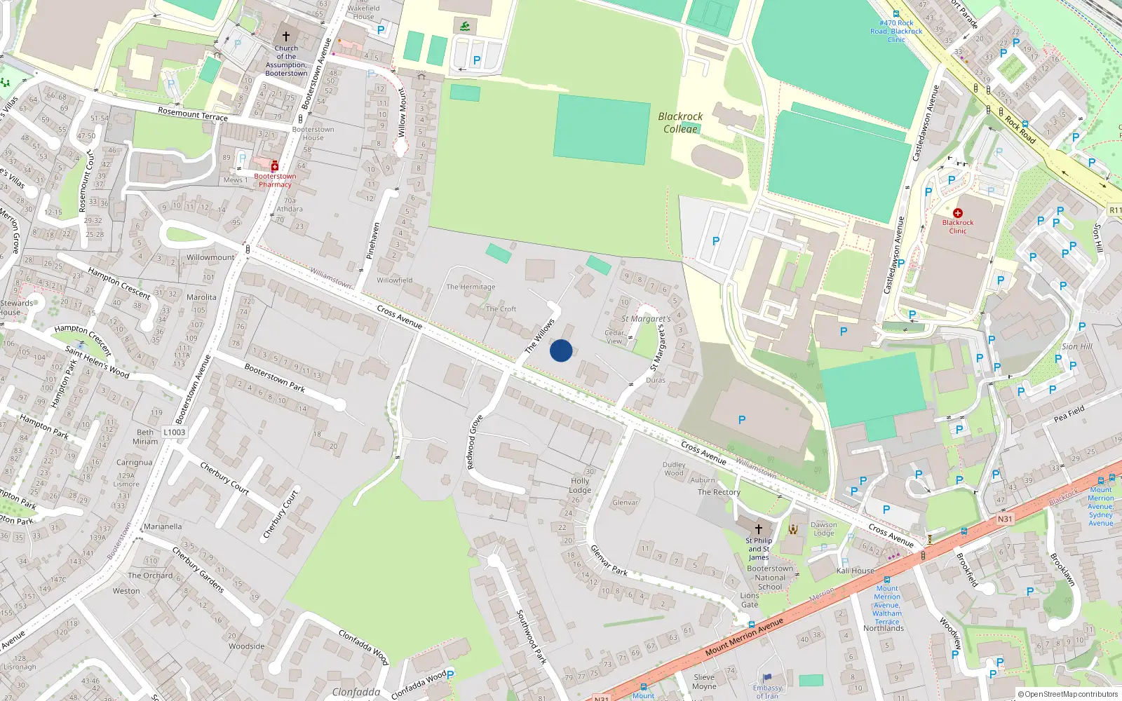 Overhead map showing the location of Cross Avenue, Blackrock