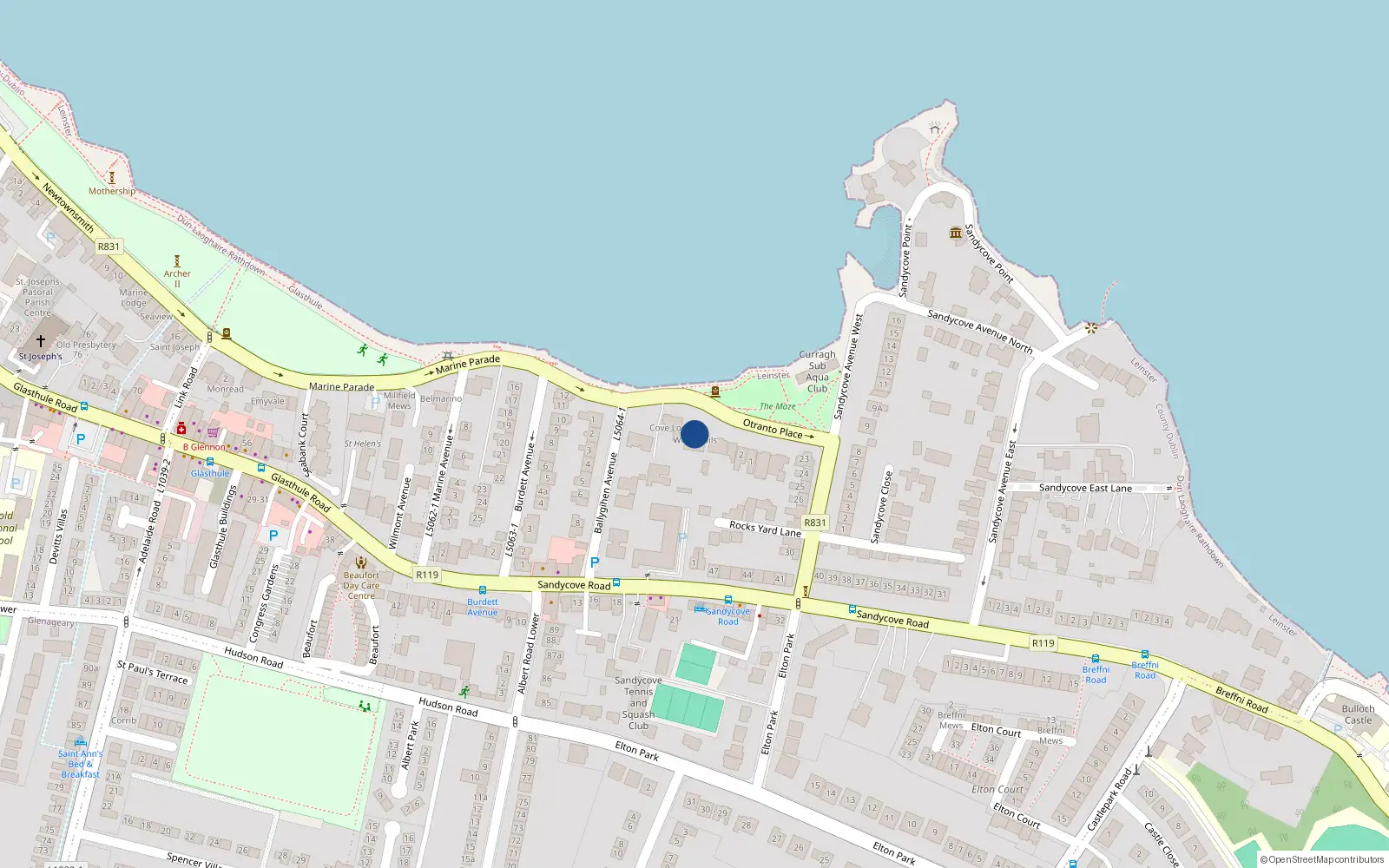 Overhead map showing the location of Bullock, Dublin, Co. Dublin