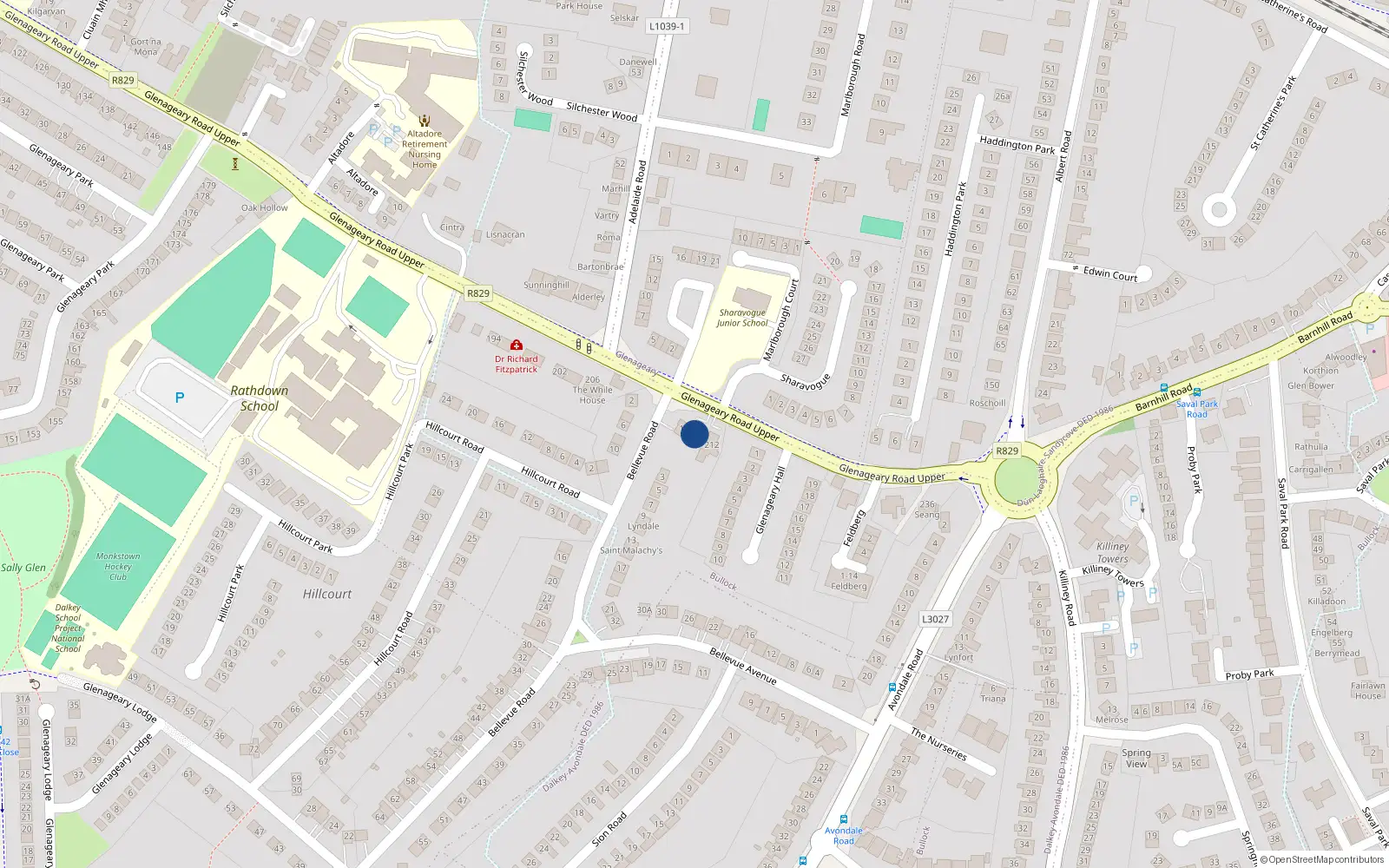 Overhead map showing the location of 210 Glenageary Road Upper, Glenageary