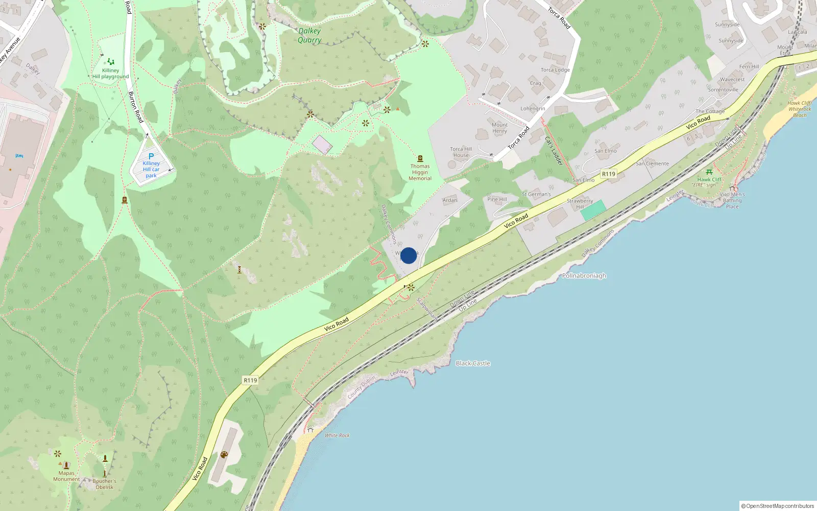 Overhead map showing the location of Vico Road, Killiney