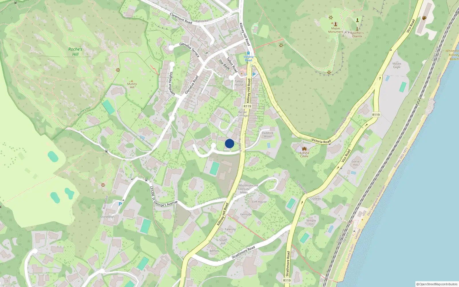 Overhead map showing the location of Killiney Hill Road, Killiney