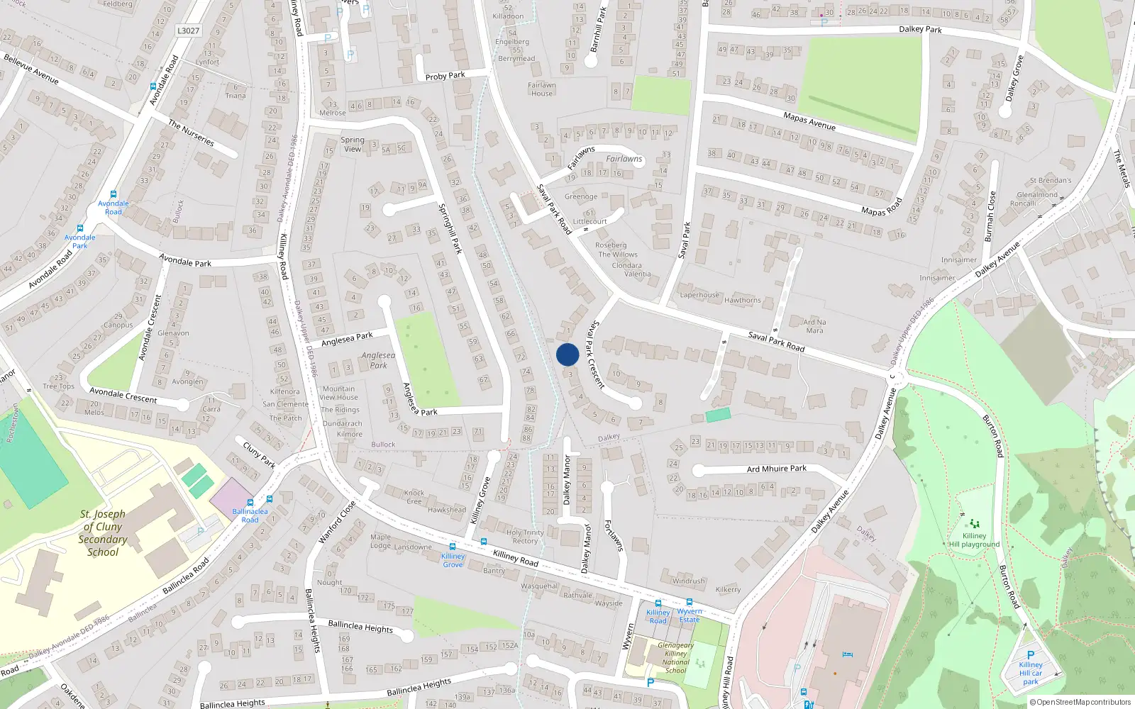 Overhead map showing the location of 2 Saval Park Crescent, Dalkey