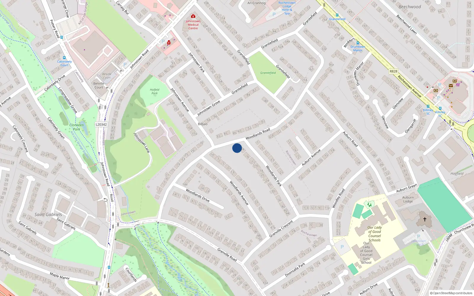Overhead map showing the location of Willow Cottage, 2A Woodlands Park, Dun Laoghaire