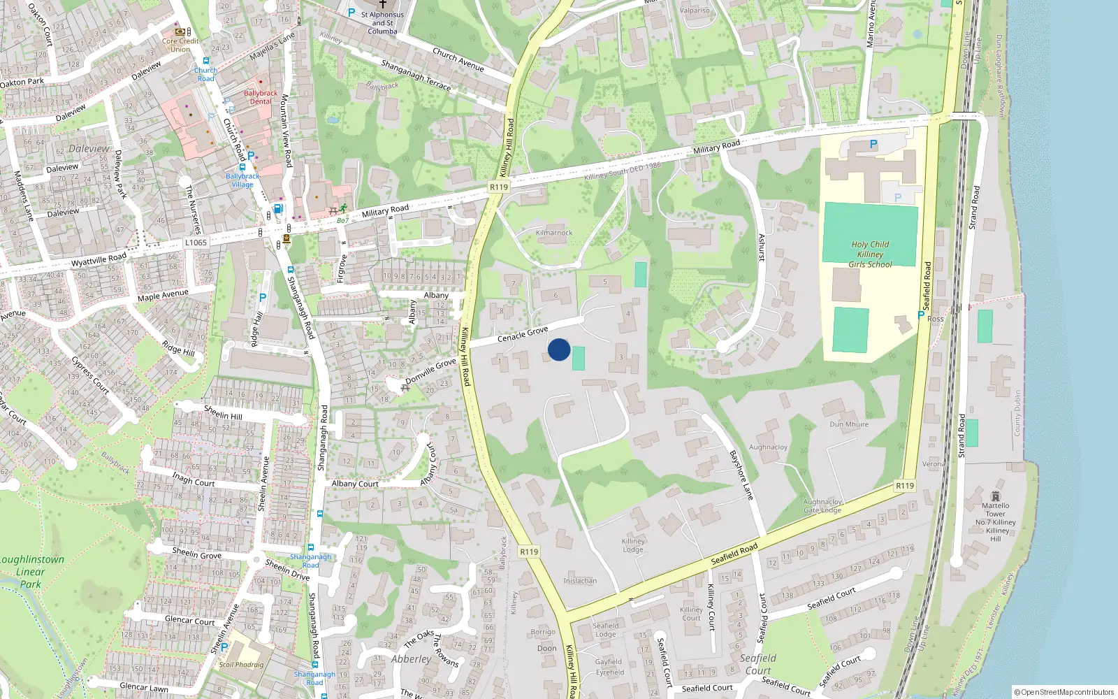 Overhead map showing the location of 2 Cenacle Grove, Killiney