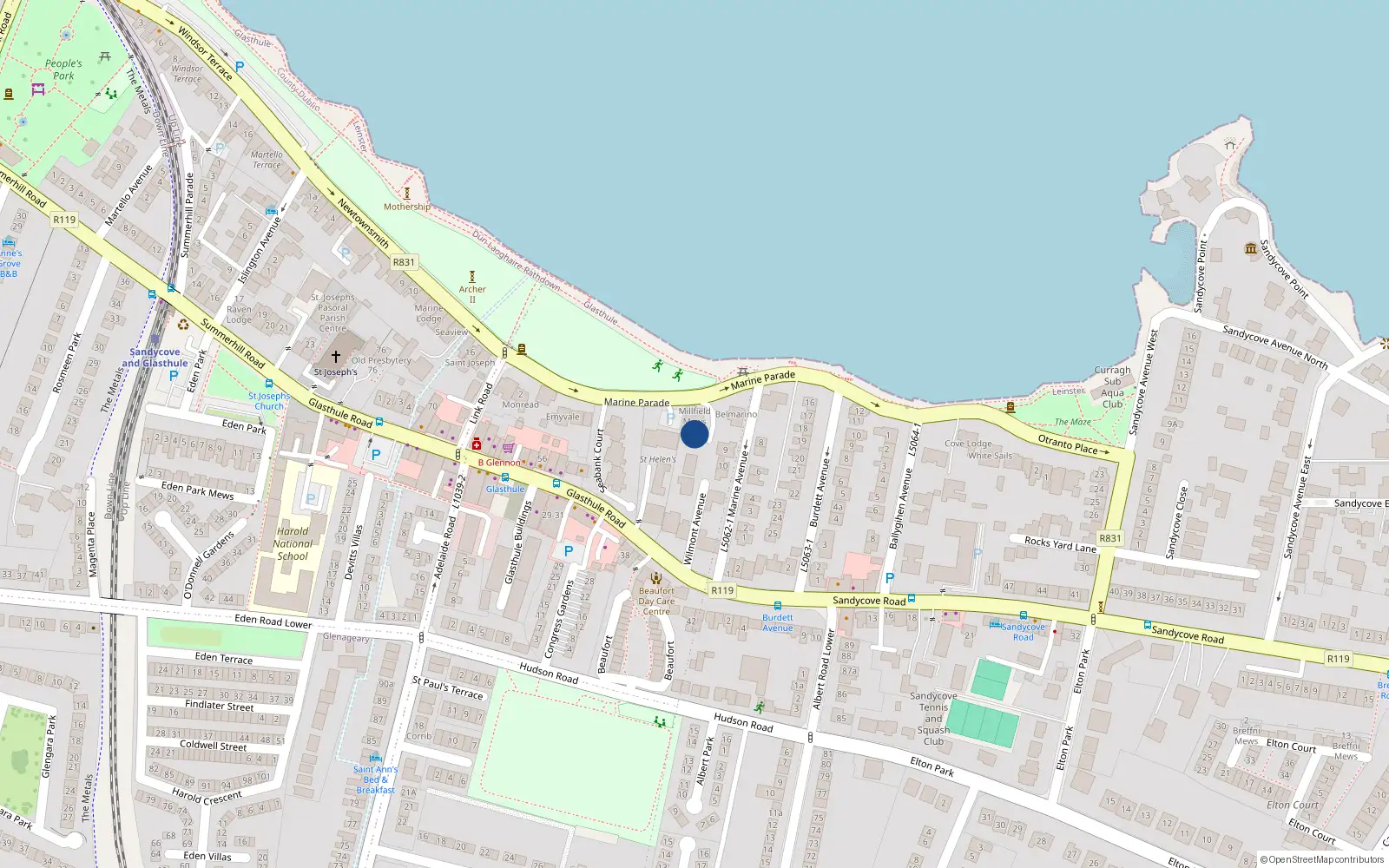 Overhead map showing the location of Wilmont Avenue, Sandycove