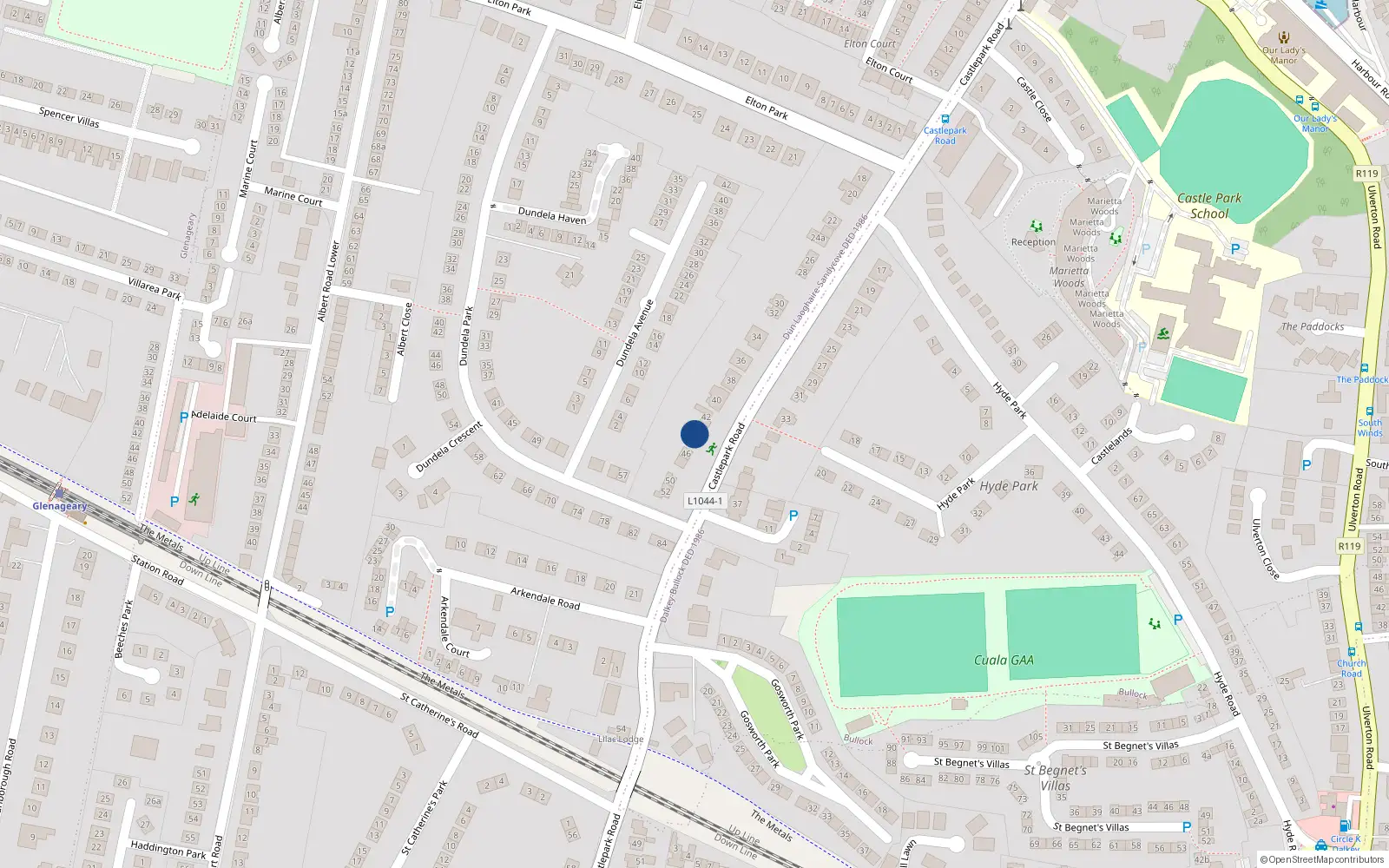 Overhead map showing the location of 44A Castle Park Road, Dalkey