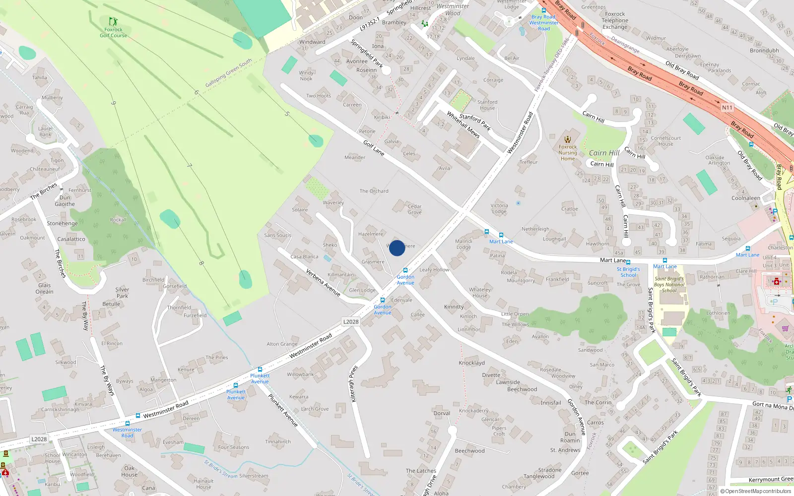 Overhead map showing the location of Westminster Road, Dublin 18