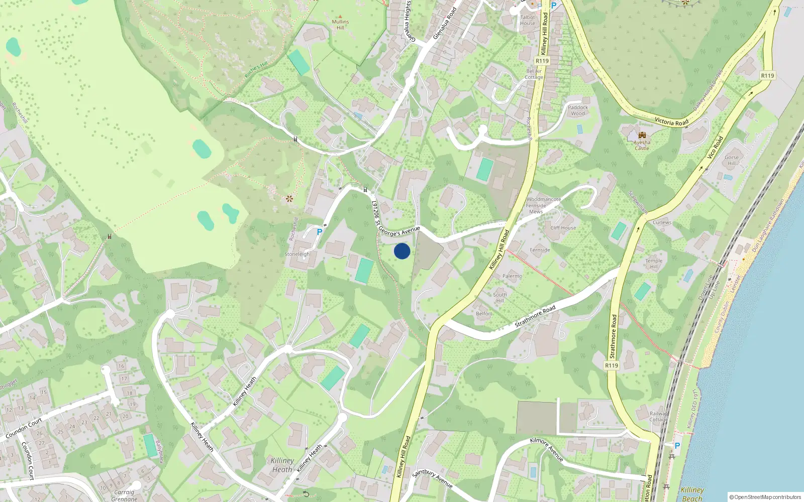 Overhead map showing the location of Killiney Hill Road, Killiney