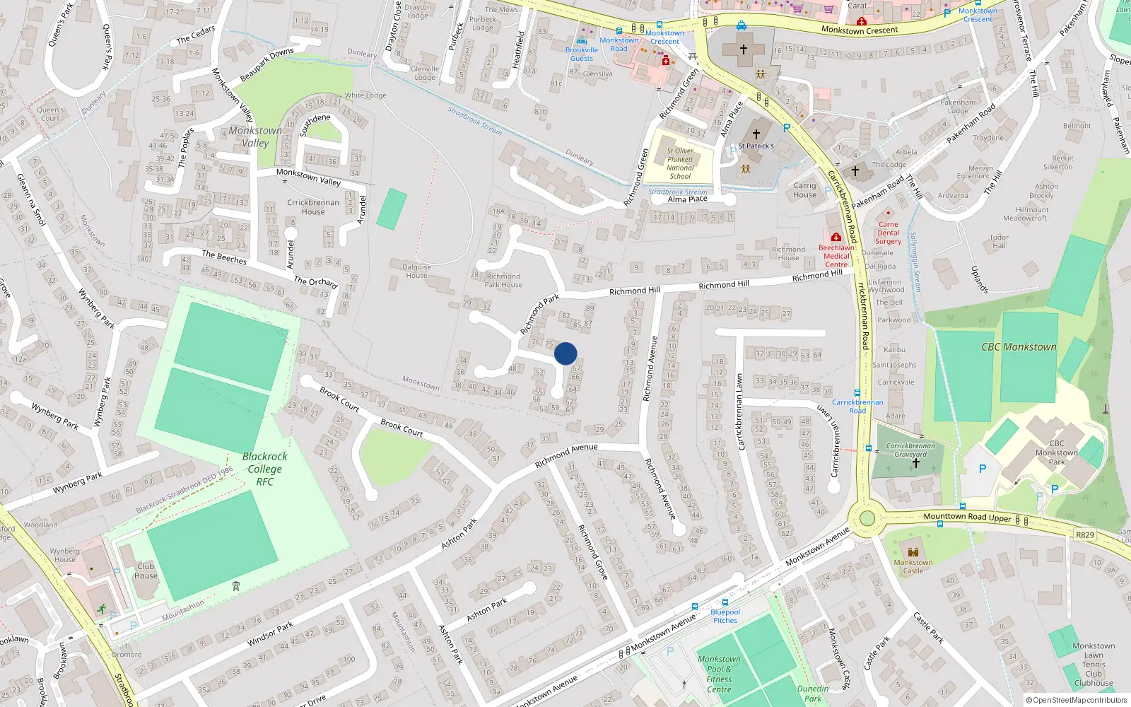 Overhead map showing the location of 71 Richmond Park, Monkstown
