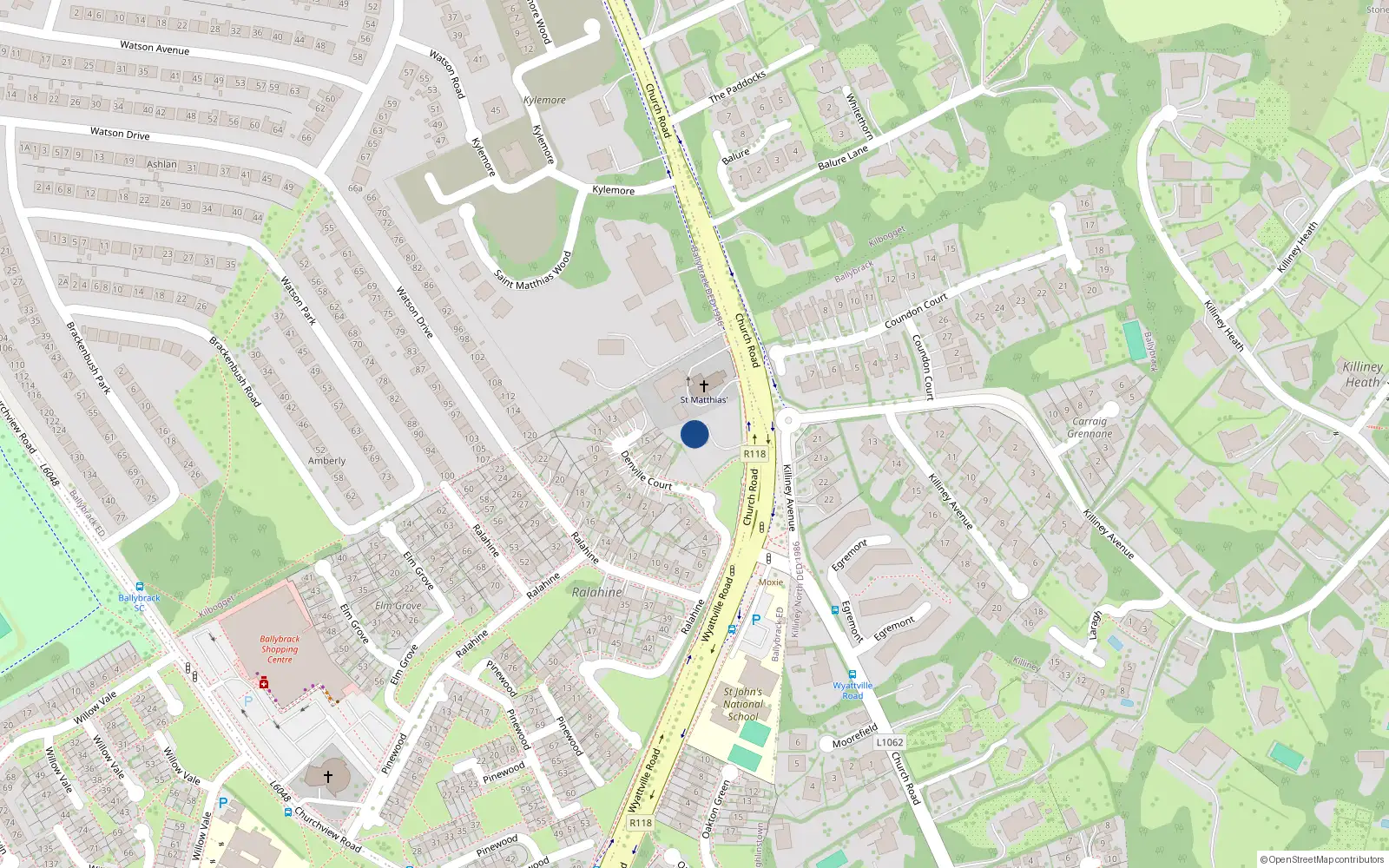 Overhead map showing the location of Church Road, Killiney