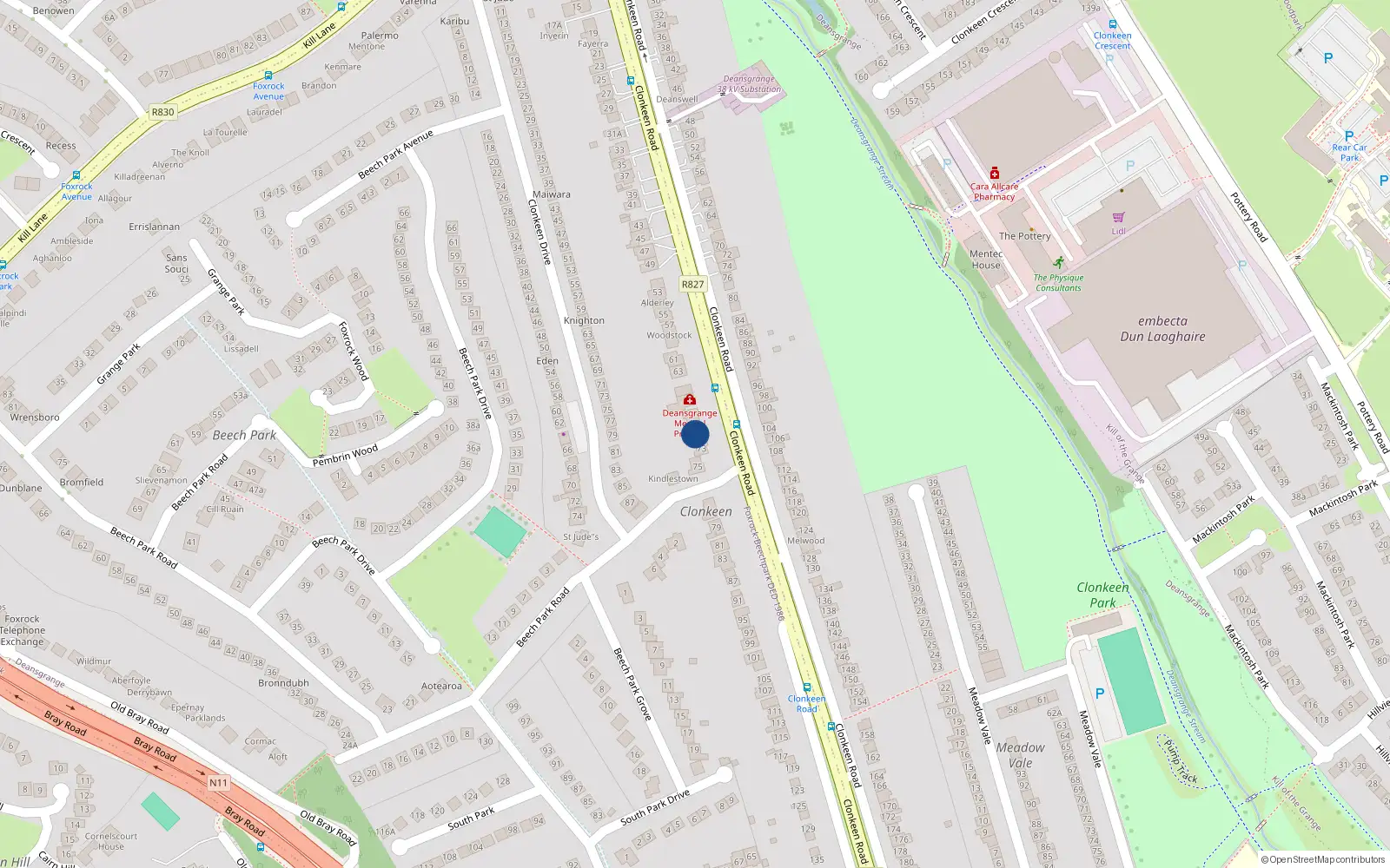 Overhead map showing the location of Woodland, 71 Clonkeen Road, Blackrock