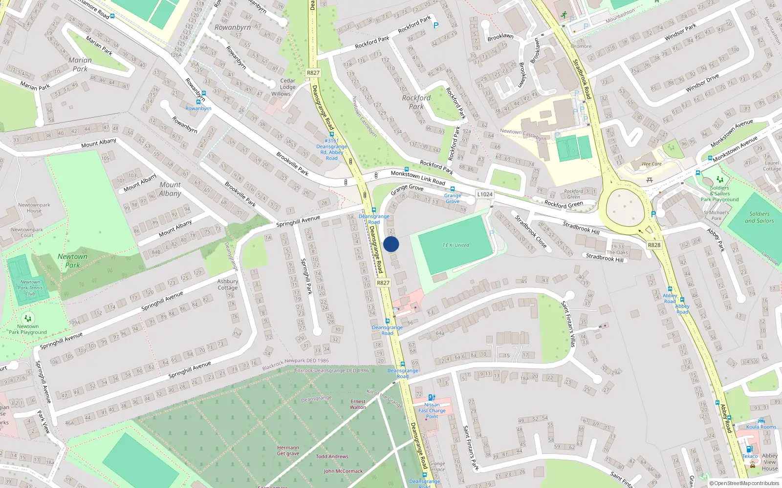Overhead map showing the location of Deansgrange Road, Blackrock