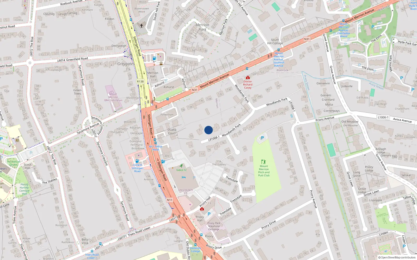 Overhead map showing the location of 8 Woodlands Park, Blackrock