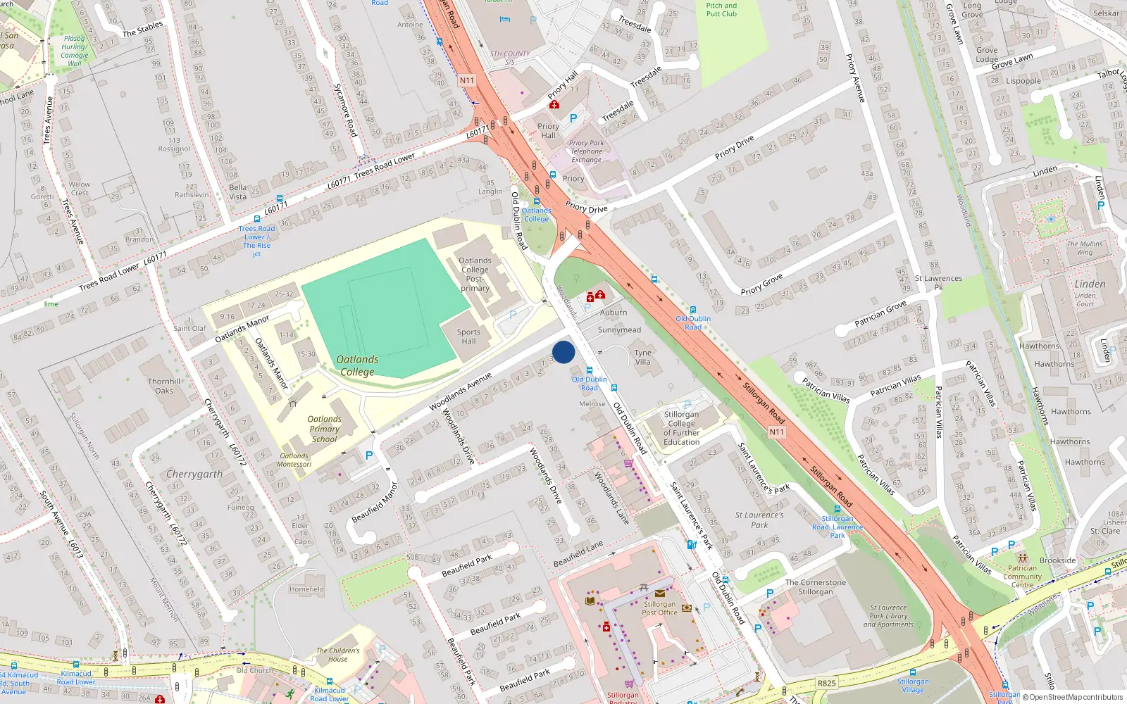 Overhead map showing the location of Woodlands Avenue, Stillorgan