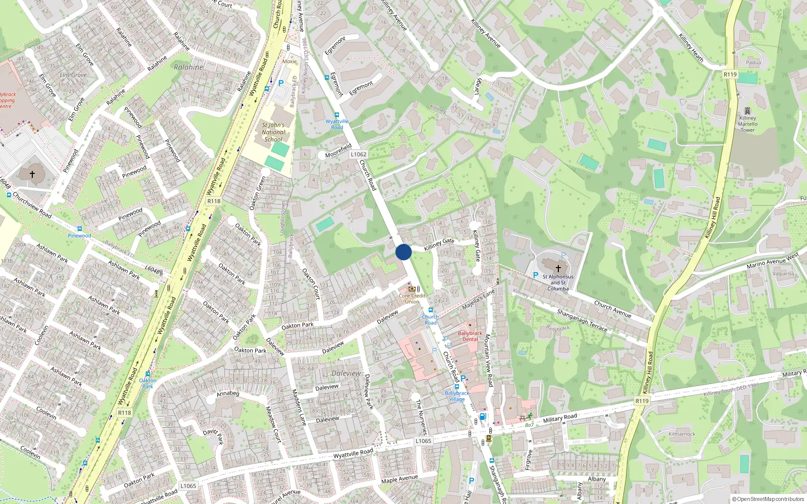Overhead map showing the location of Church Road, Ballybrack