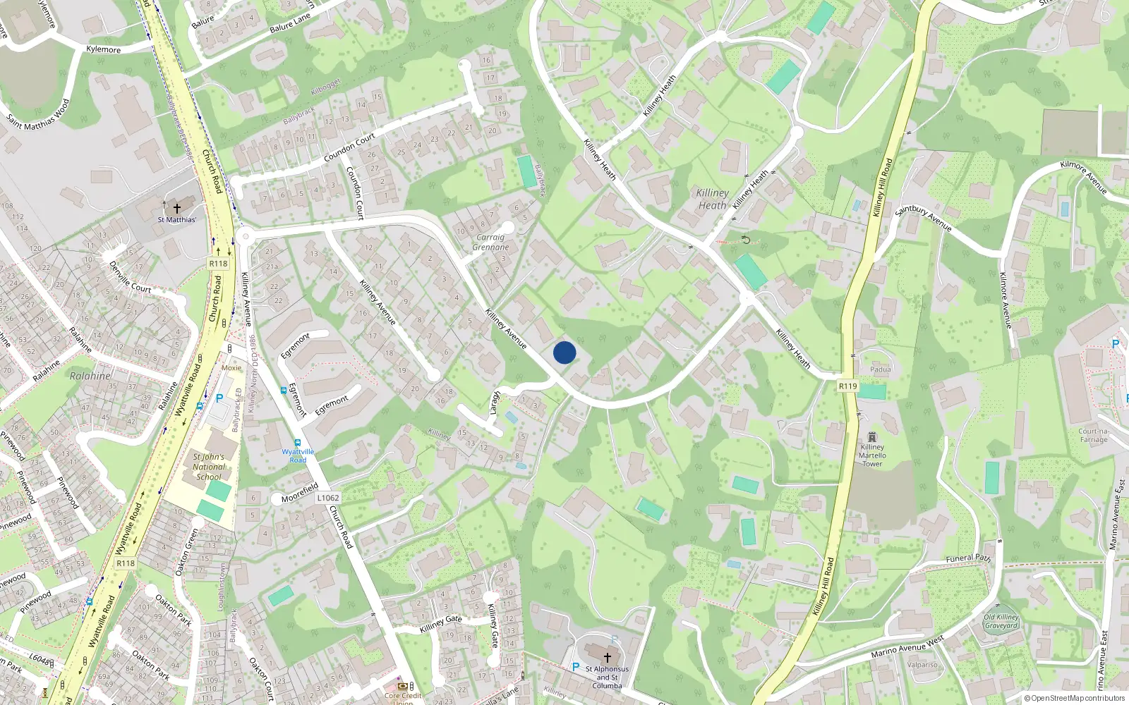 Overhead map showing the location of Killiney Avenue, Killiney