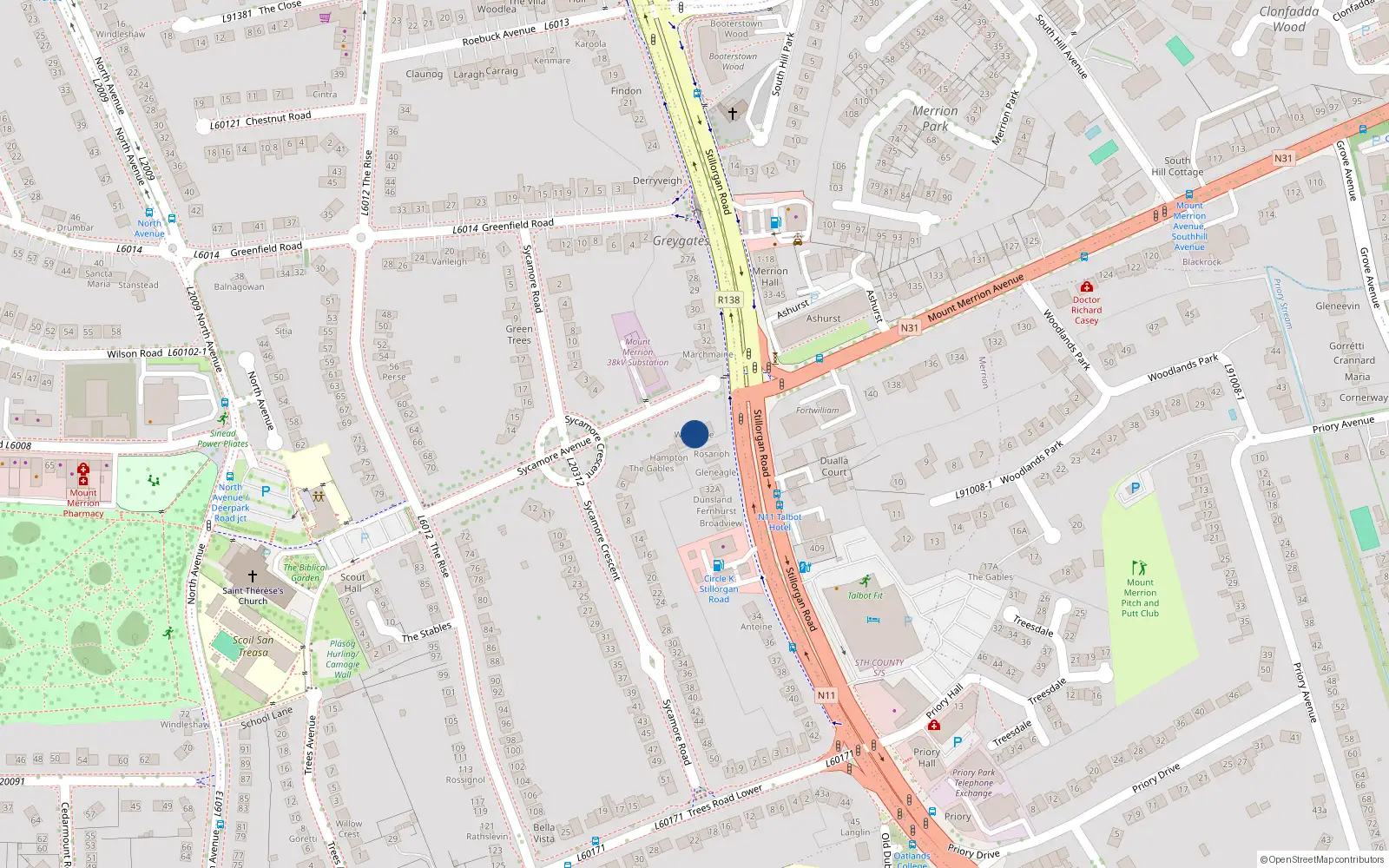 Overhead map showing the location of Woodville Crescent, Mount Merrion, Co. Dublin