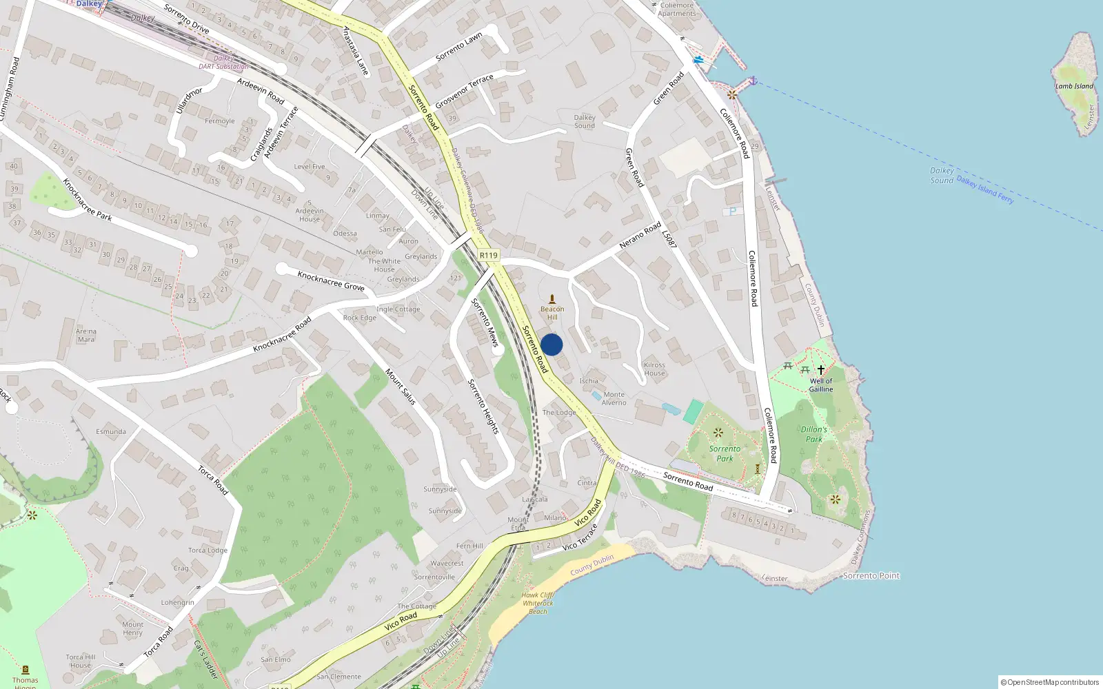 Overhead map showing the location of Sorrento Road, Dalkey